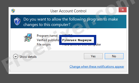 Screenshot where Fyinruee Nugwyw appears as the verified publisher in the UAC dialog